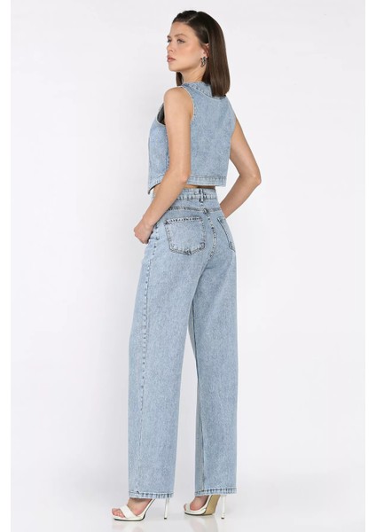 Taş Detaylı Jean Kot Yelek Pantolon Ikili Takım P-00017425 indirimleri