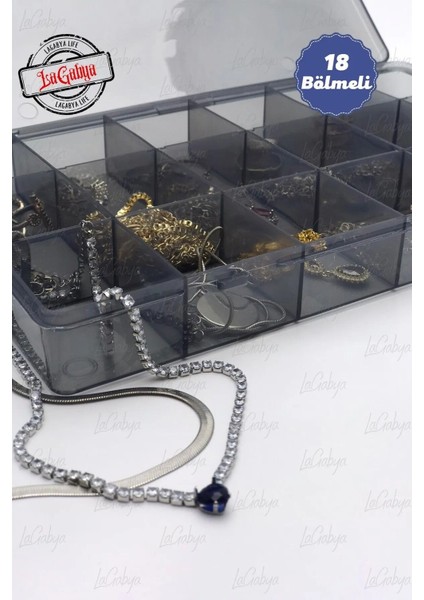 Gri 18 Bölmeli Lüks Takı Organizer, Boncuk, Küpe, Kolye, Yüzük, Toka Kutusu fiyatları