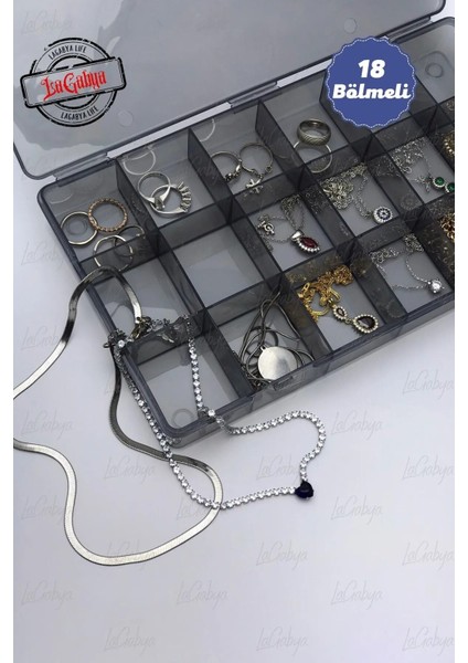 Gri 18 Bölmeli Lüks Takı Organizer, Boncuk, Küpe, Kolye, Yüzük, Toka Kutusu modelleri