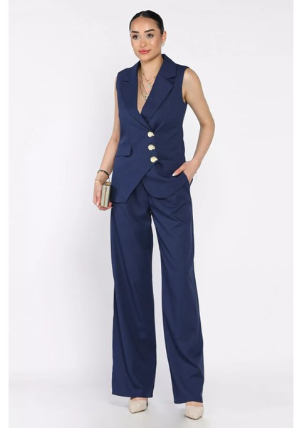 Kruvaze Yaka Astarlı Yelek Pantolon Ikili Takım P-00017426