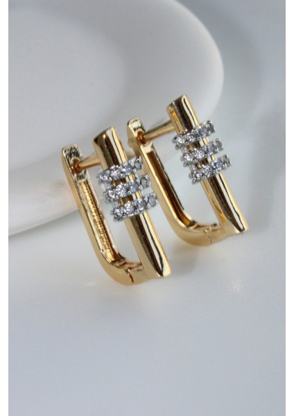 Premium Seri Ithal Beyaz Zirkon Taş Detay Köşeli Halka Model Kararmayan Şık Minimal Kadın Gold Küpe