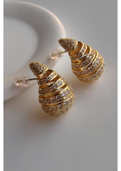 Exclusive Seri Zirkon Taşlı Gold Renk Model Kararma Yapmayan Kadın Şık Küpe