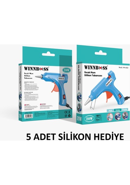 Metal Uçlu-Düğmeli-20W-190C 7.5mm Çapında Ince Sıcak Mum Silikon Tabancası+5 Silikon Hediye