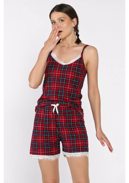 Kadın Ekose Desenli Ip Askılı Şortlu Pijama Takımı P-00017368