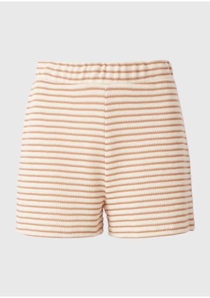 Kadın Bej Beyaz Çizgili Yüksek Bel Triko Yazlık Şort fiyatları
