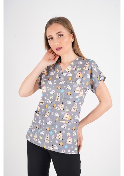 Unisex Snack Time Desenli Doktor Hemşire Hastane Aşçı Mutfak Scrubs Tek Üst Üniforma