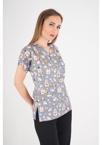 Unisex Snack Time Desenli Doktor Hemşire Hastane Aşçı Mutfak Scrubs Tek Üst Üniforma