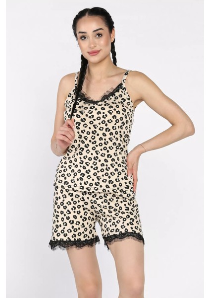 Kadın Püskül Detaylı Leopar Desenli Ip Askılı Şortlu Pijama Takımı P-00017367