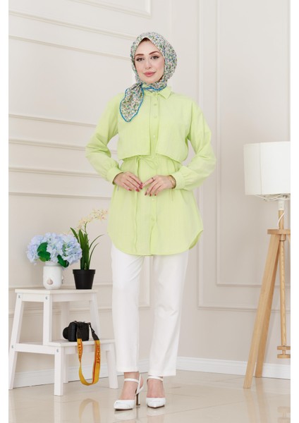 Beli Bağcıklı Allerli Taşlı Tunik-Sarı