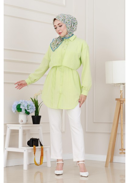 Beli Bağcıklı Allerli Taşlı Tunik-Sarı fiyatları