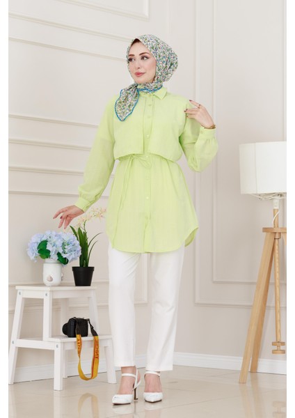 Beli Bağcıklı Allerli Taşlı Tunik-Sarı modelleri