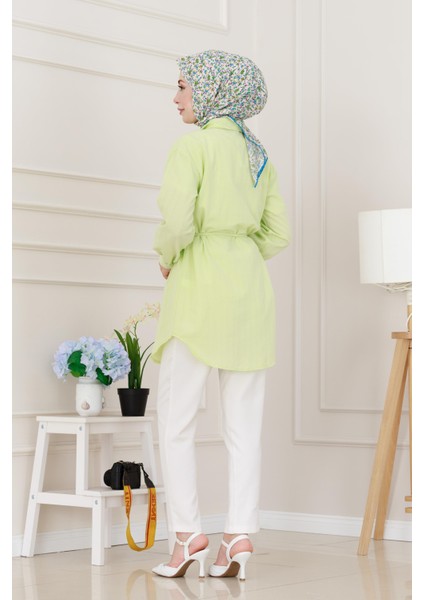 Beli Bağcıklı Allerli Taşlı Tunik-Sarı indirimleri