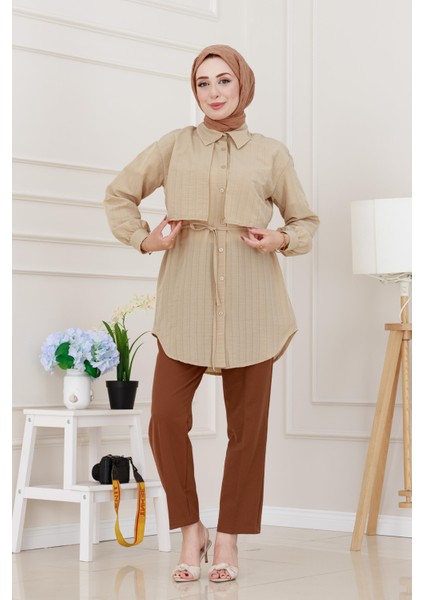 Beli Bağcıklı Allerli Taşlı Tunik-Bej