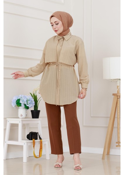 Beli Bağcıklı Allerli Taşlı Tunik-Bej fiyatları