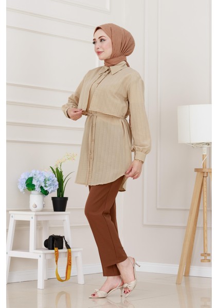Beli Bağcıklı Allerli Taşlı Tunik-Bej modelleri