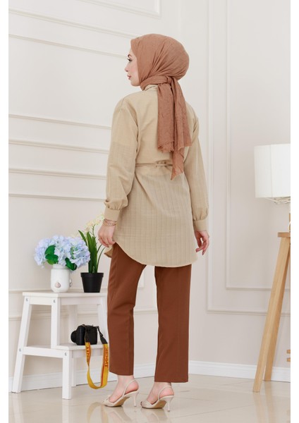 Beli Bağcıklı Allerli Taşlı Tunik-Bej indirimleri