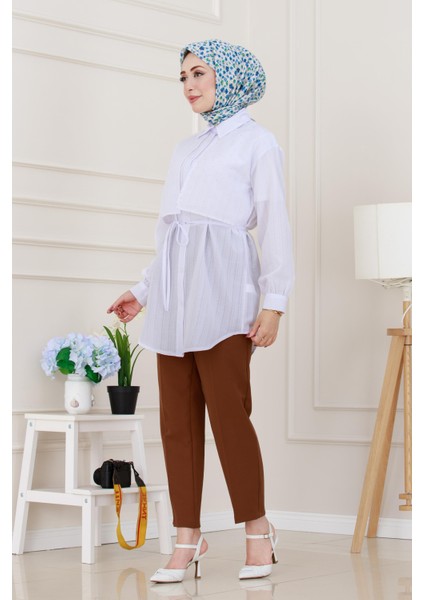 Beli Bağcıklı Allerli Taşlı Tunik-Beyaz fiyatları