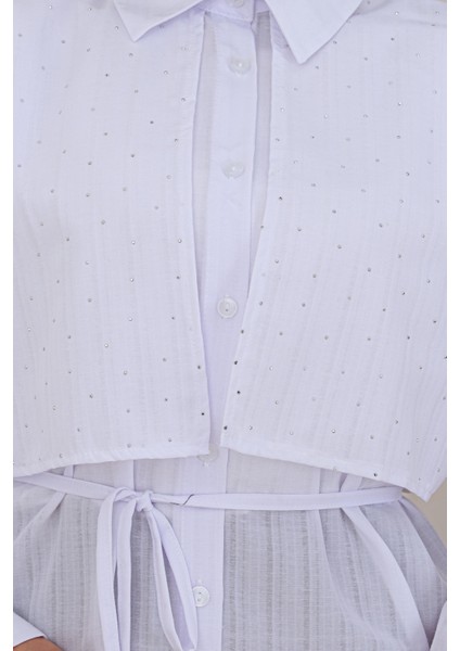 Beli Bağcıklı Allerli Taşlı Tunik-Beyaz fırsatları