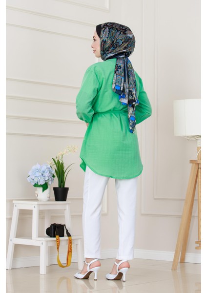 Beli Bağcıklı Allerli Taşlı Tunik-Su Yeşili