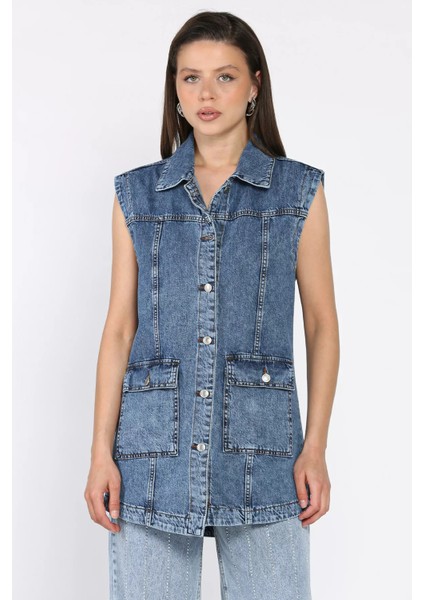 Kadın Çift Cepli Jean Kot Yelek P-00014996