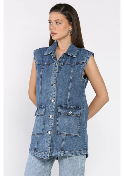 Kadın Çift Cepli Jean Kot Yelek P-00014996