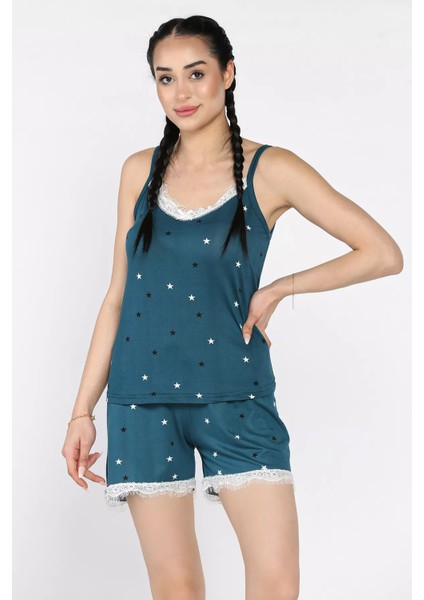 Kadın Ip Askılı Baskılı Şortlu Pijama Takımı P-00017372