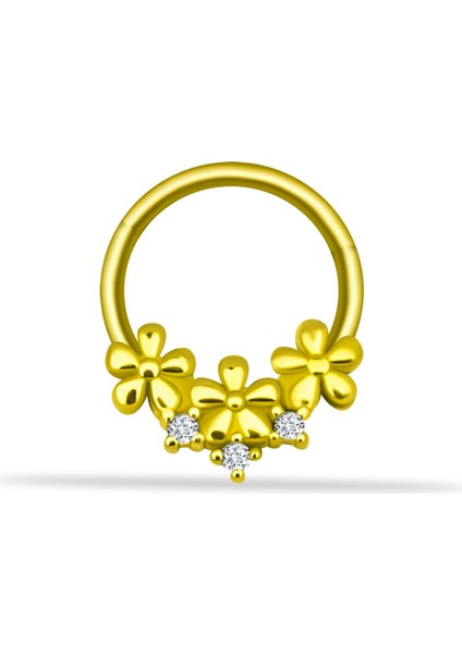 14 Ayar Altın Taşlı Çiçek Motifli Minimal Halka Piercing