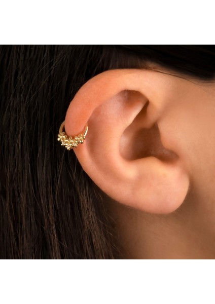 14 Ayar Altın Taşlı Çiçek Motifli Minimal Halka Piercing