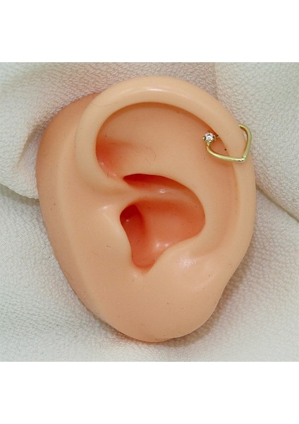 14 Ayar Altın Tek Taşlı Kalp Minimal Halka Piercing