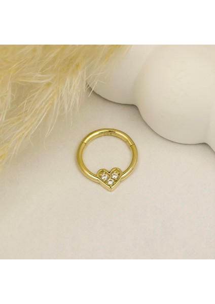 14 Ayar Altın Taşlı Kalp Minimal Halka Piercing