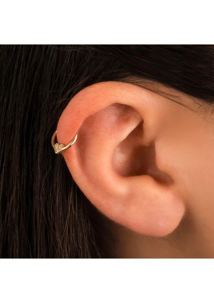14 Ayar Altın Taşlı Kalp Minimal Halka Piercing