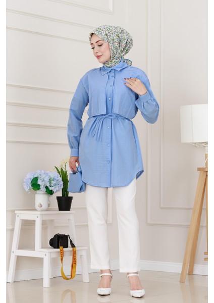 Beli Bağcıklı Allerli Taşlı Tunik-Bebe Mavi modelleri