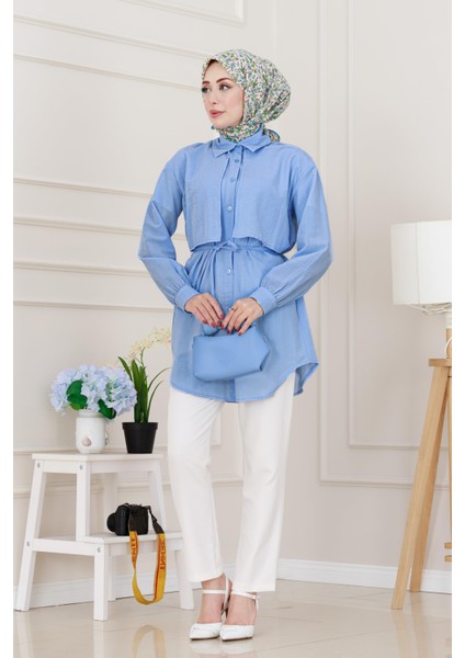 Beli Bağcıklı Allerli Taşlı Tunik-Bebe Mavi