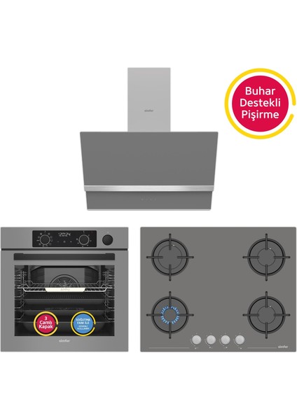 11 Fonksiyon Steam Master Gri 3'lü Ankastre Set (8246 Fırın - 3656 Ocak - 8740 Davlumbaz)
