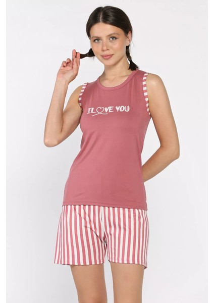 Kadın Kalın Askılı Çizgi Desenli Şortlu Pijama Takımı P-00017373