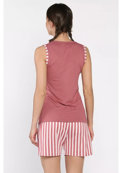 Kadın Kalın Askılı Çizgi Desenli Şortlu Pijama Takımı P-00017373