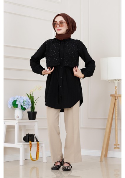 Beli Bağcıklı Allerli Taşlı Tunik-Siyah