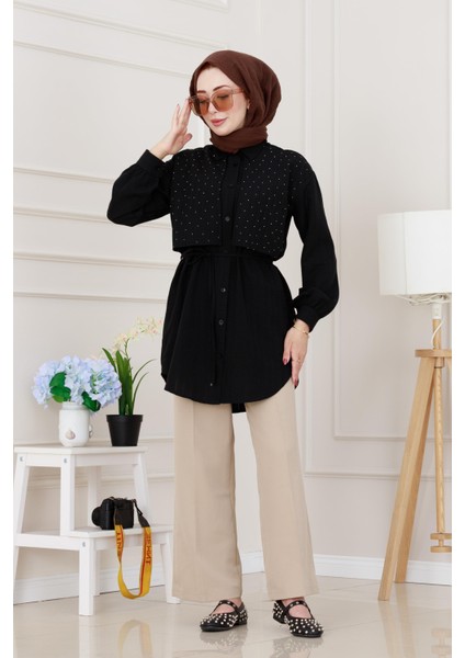 Beli Bağcıklı Allerli Taşlı Tunik-Siyah fiyatları