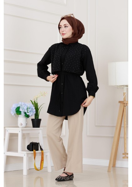 Beli Bağcıklı Allerli Taşlı Tunik-Siyah modelleri