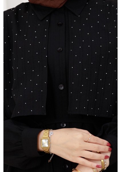 Beli Bağcıklı Allerli Taşlı Tunik-Siyah fırsatları