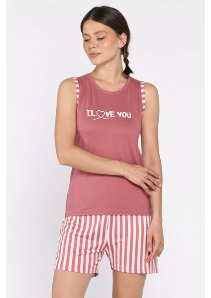 Kadın Kalın Askılı Çizgi Desenli Şortlu Pijama Takımı P-00017373