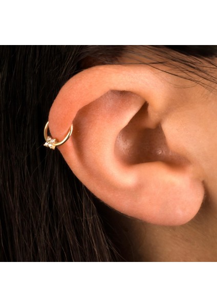 14 Ayar Altın Taşlı Çiçek Minimal Halka Piercing