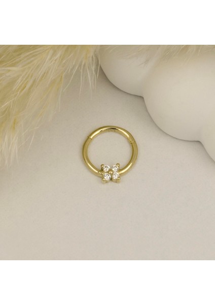 14 Ayar Altın Taşlı Çiçek Minimal Halka Piercing