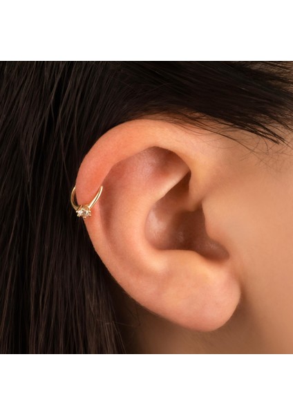 14 Ayar Altın Tek Taş Minimal Halka Piercing