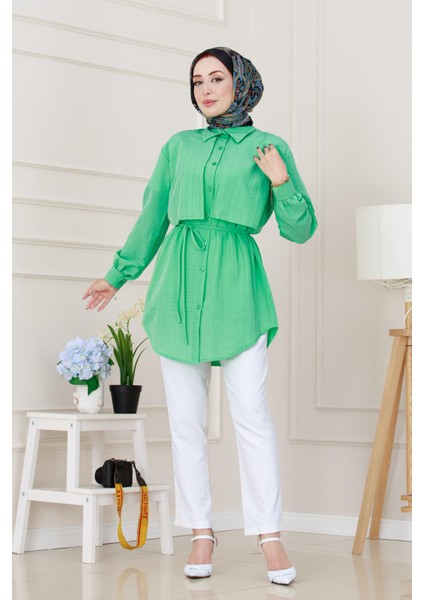 Beli Bağcıklı Allerli Taşlı Tunik-Su Yeşili