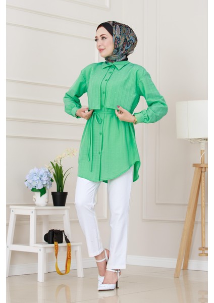 Beli Bağcıklı Allerli Taşlı Tunik-Su Yeşili