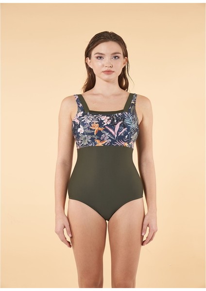 Göğüs Kaplı Kare Yaka Kalın Askılı Baskılı Mayo