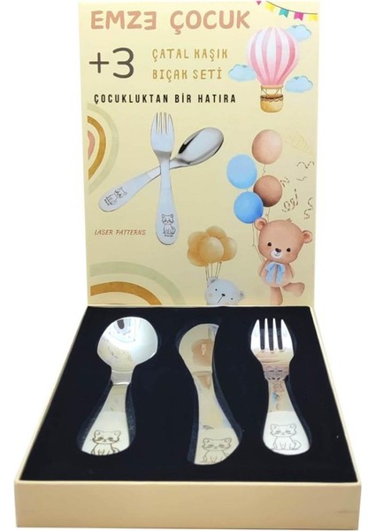 Paslanmaz Çelik Kutulu Çocuk Çatal Kaşık Bıçak Seti Kedicik Desenli