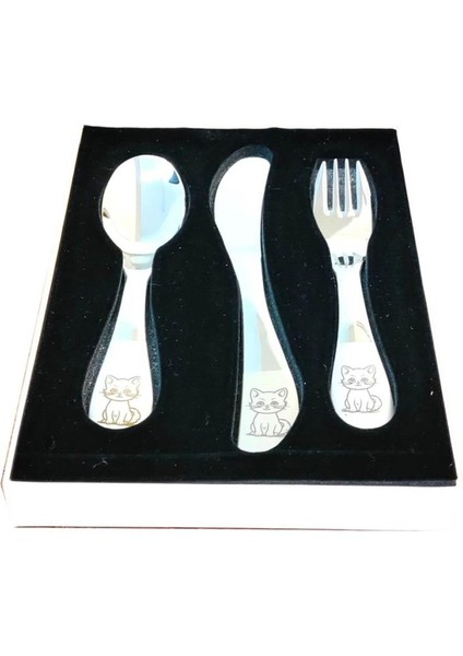 Paslanmaz Çelik Kutulu Çocuk Çatal Kaşık Bıçak Seti Kedicik Desenli fiyatları