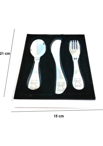 Paslanmaz Çelik Kutulu Çocuk Çatal Kaşık Bıçak Seti Kedicik Desenli modelleri